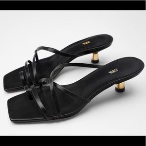Zara black leather strappy gold kitten heel sandals, size 37